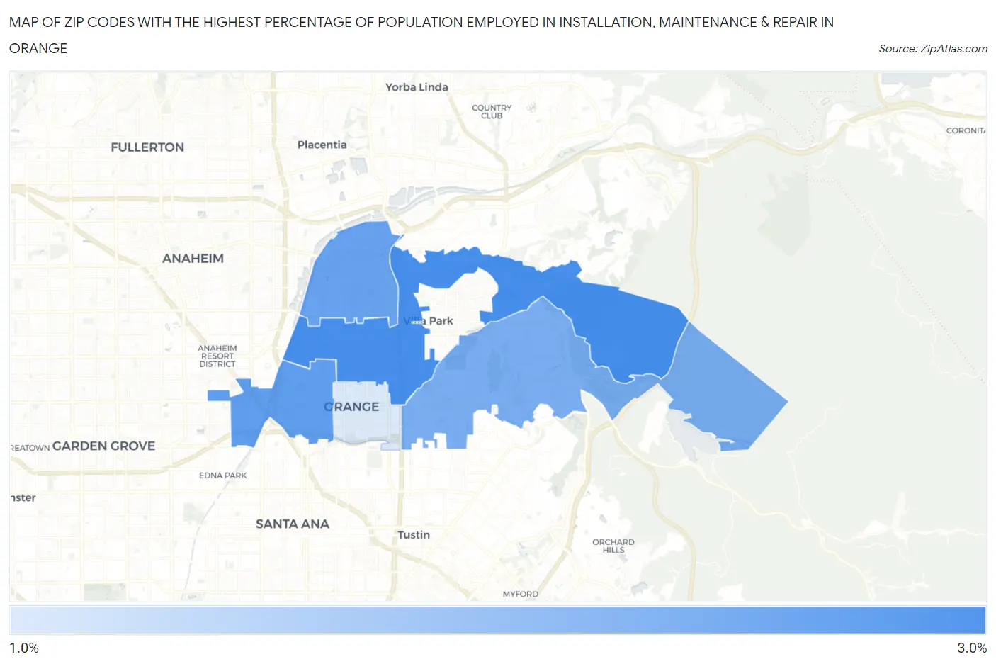 Zip Codes with the Highest Percentage of Population Employed in Installation, Maintenance & Repair in Orange Map