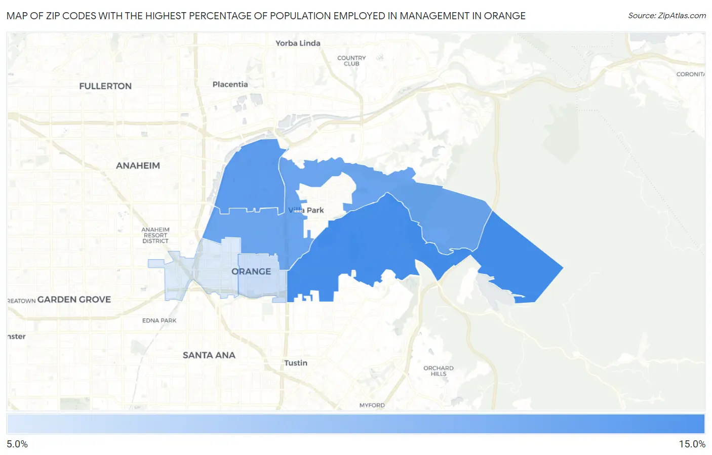 Zip Codes with the Highest Percentage of Population Employed in Management in Orange Map