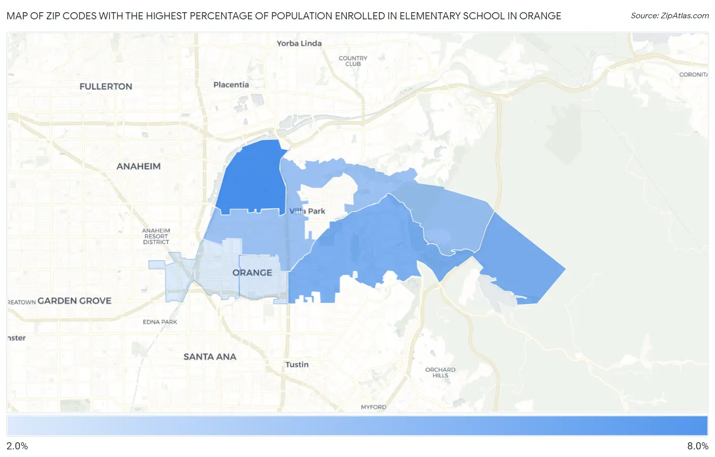 Zip Codes with the Highest Percentage of Population Enrolled in Elementary School in Orange Map