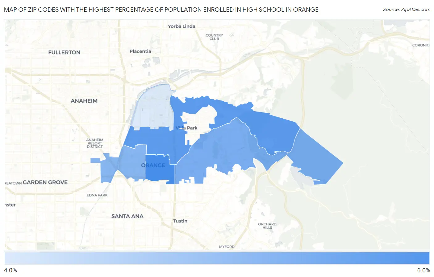 Zip Codes with the Highest Percentage of Population Enrolled in High School in Orange Map