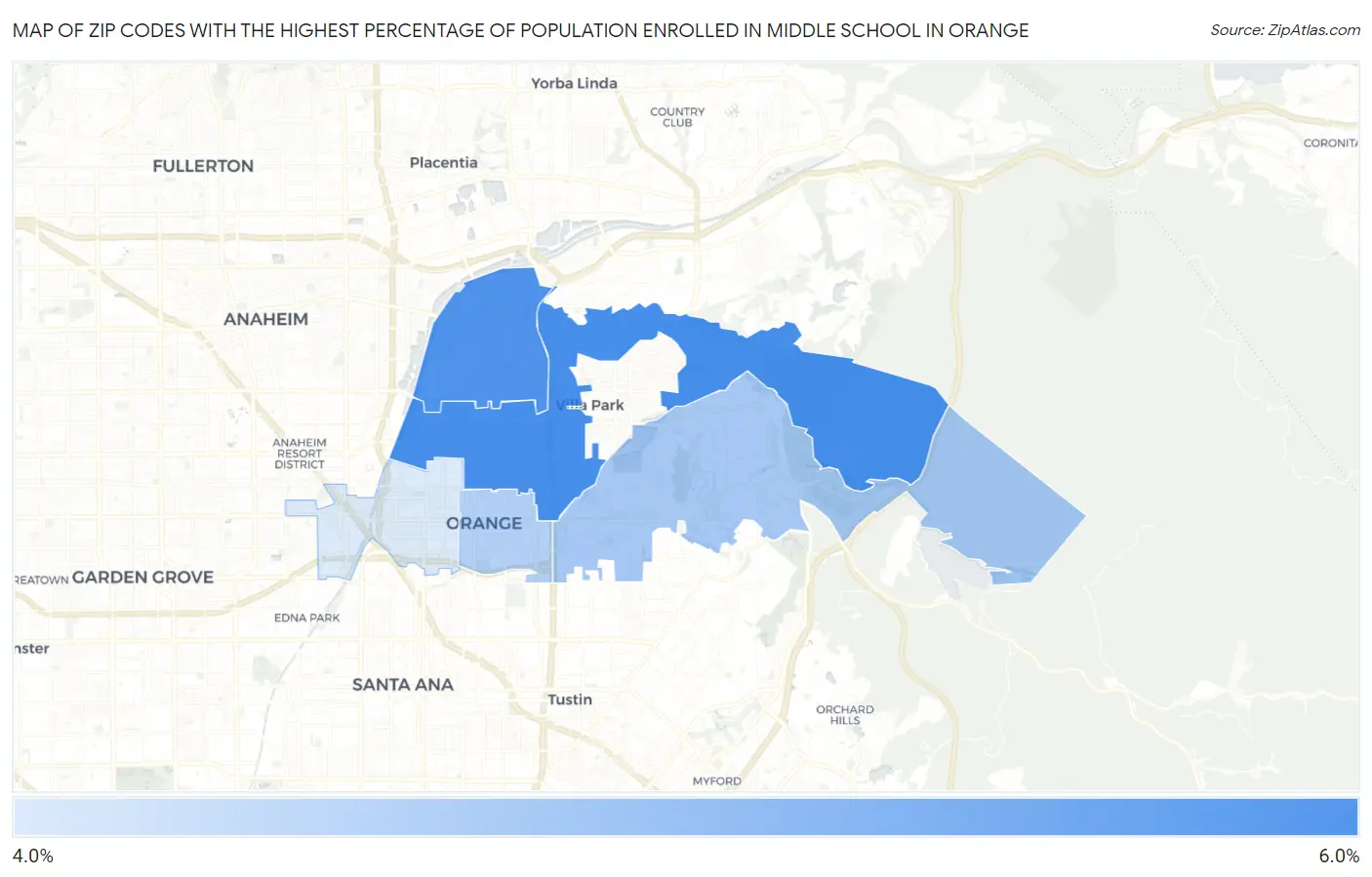 Zip Codes with the Highest Percentage of Population Enrolled in Middle School in Orange Map