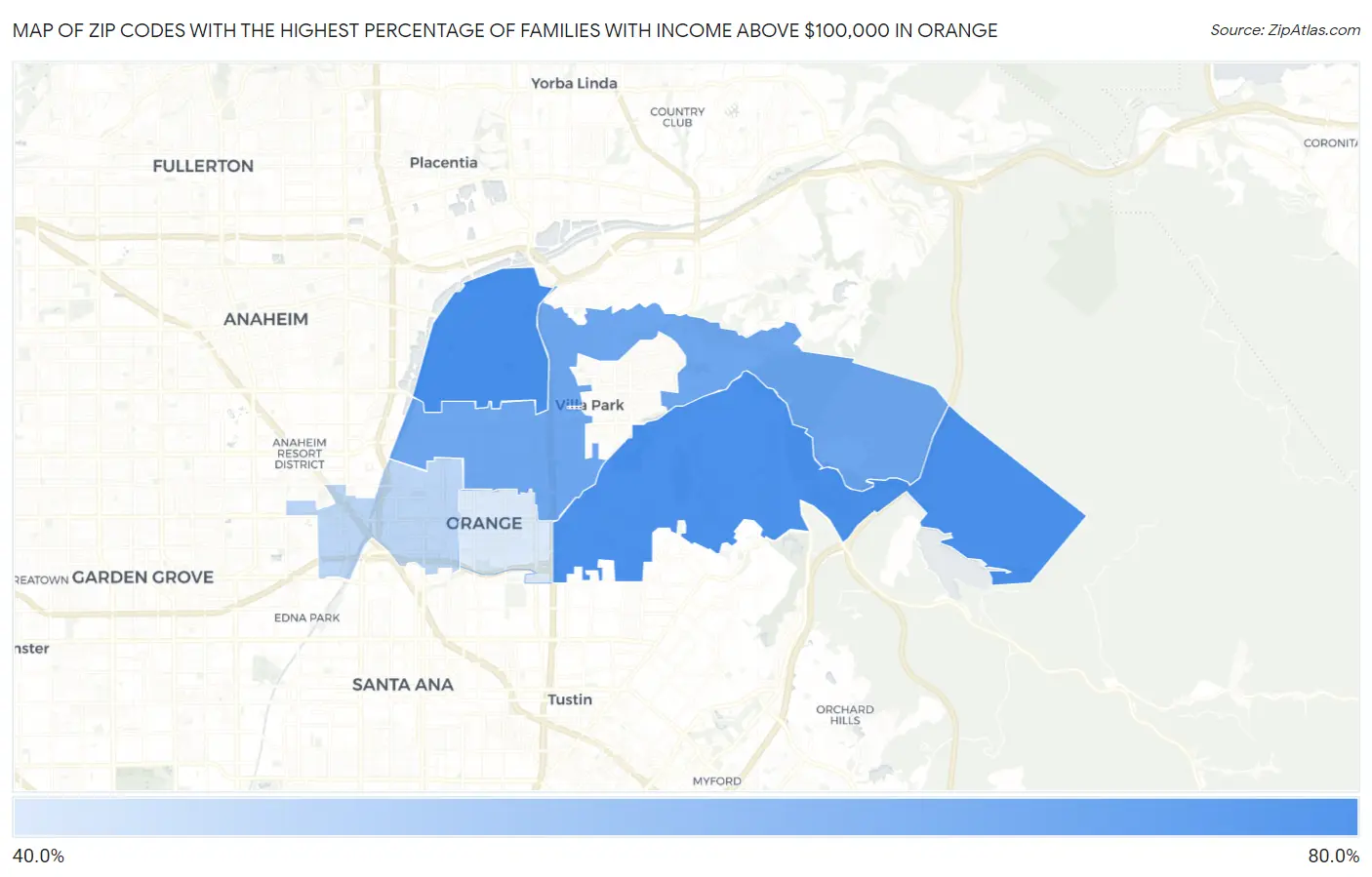 Zip Codes with the Highest Percentage of Families with Income Above $100,000 in Orange Map