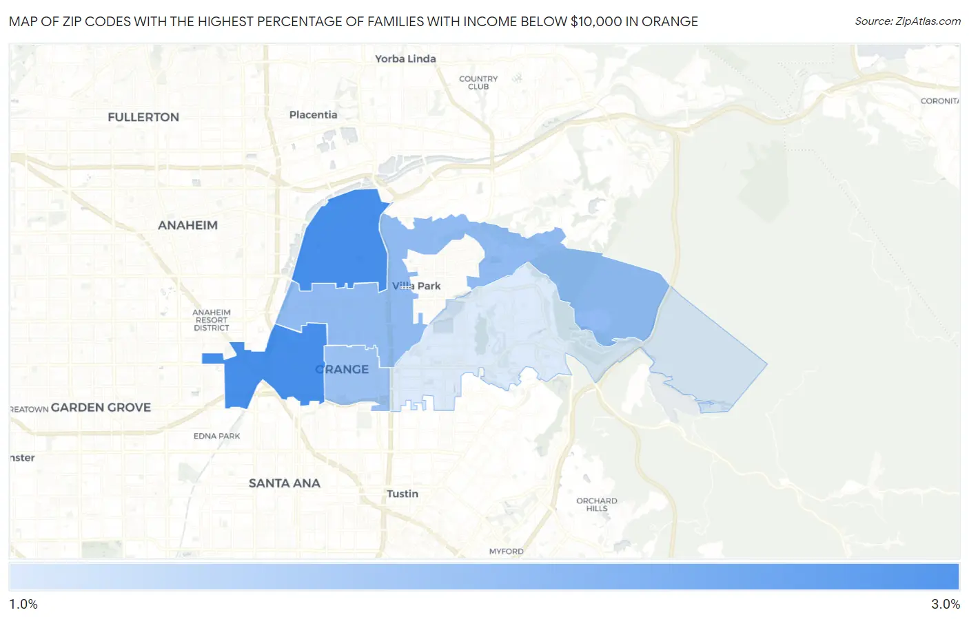 Zip Codes with the Highest Percentage of Families with Income Below $10,000 in Orange Map
