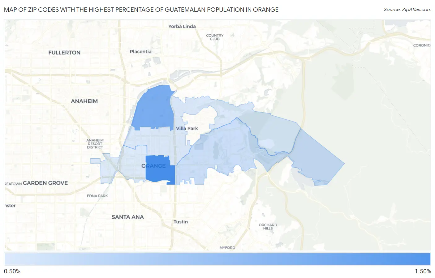 Zip Codes with the Highest Percentage of Guatemalan Population in Orange Map