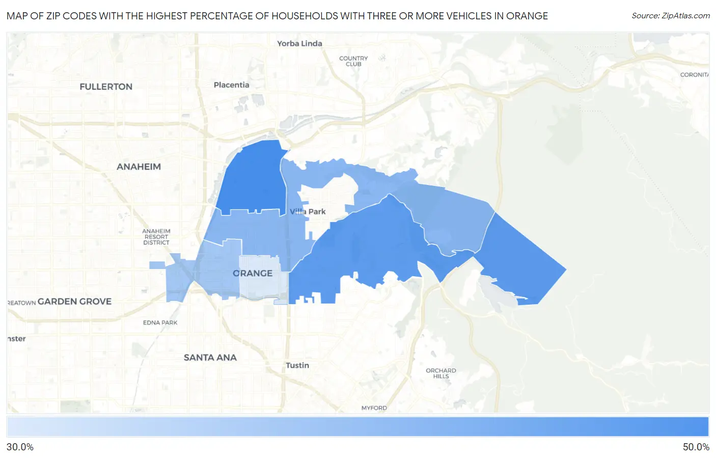 Zip Codes with the Highest Percentage of Households With Three or more Vehicles in Orange Map