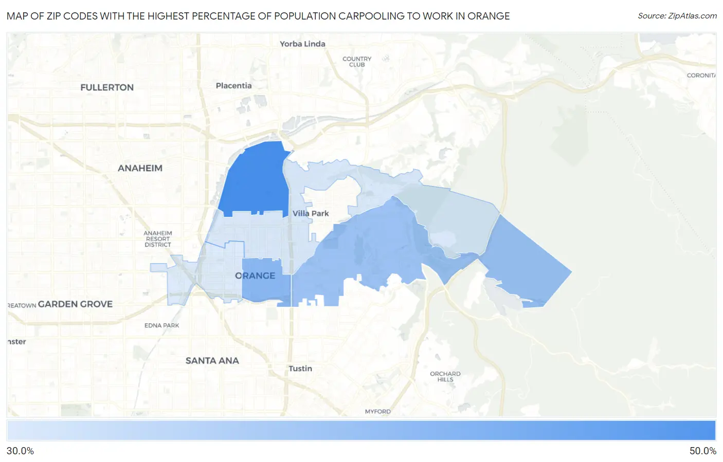 Zip Codes with the Highest Percentage of Population Carpooling to Work in Orange Map