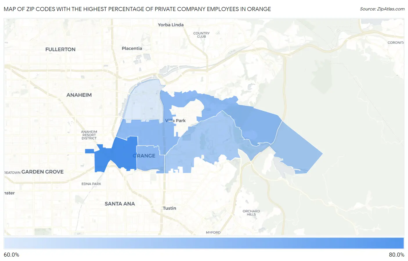 Zip Codes with the Highest Percentage of Private Company Employees in Orange Map