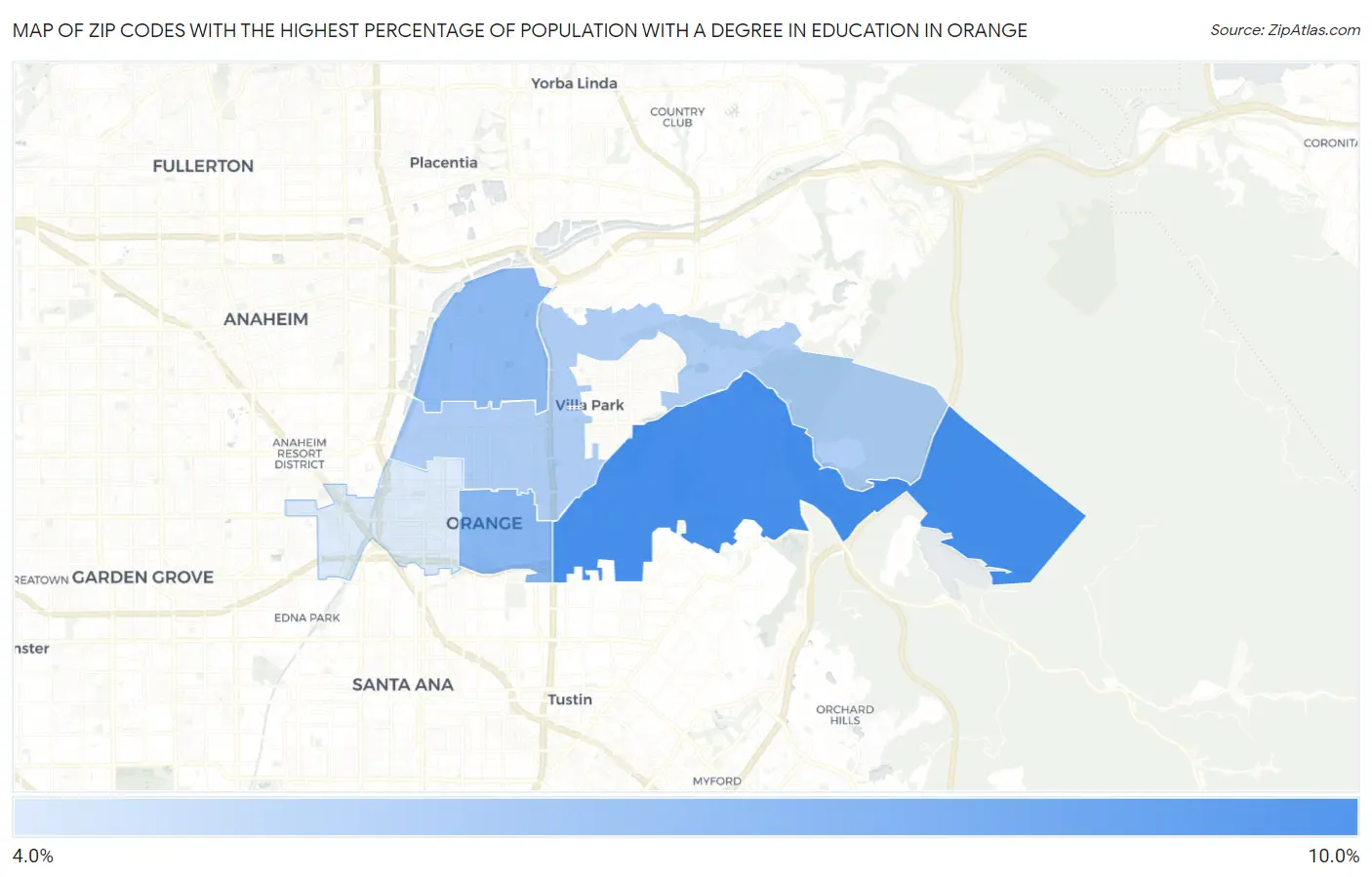 Zip Codes with the Highest Percentage of Population with a Degree in Education in Orange Map