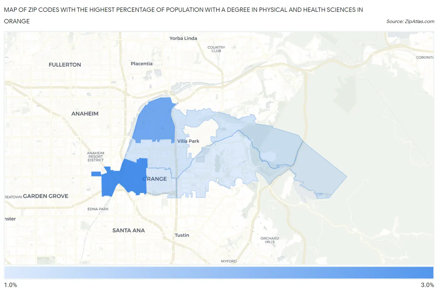 Zip Codes with the Highest Percentage of Population with a Degree in Physical and Health Sciences in Orange Map