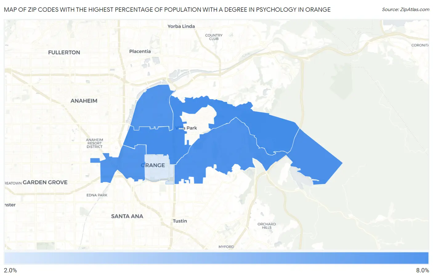Zip Codes with the Highest Percentage of Population with a Degree in Psychology in Orange Map