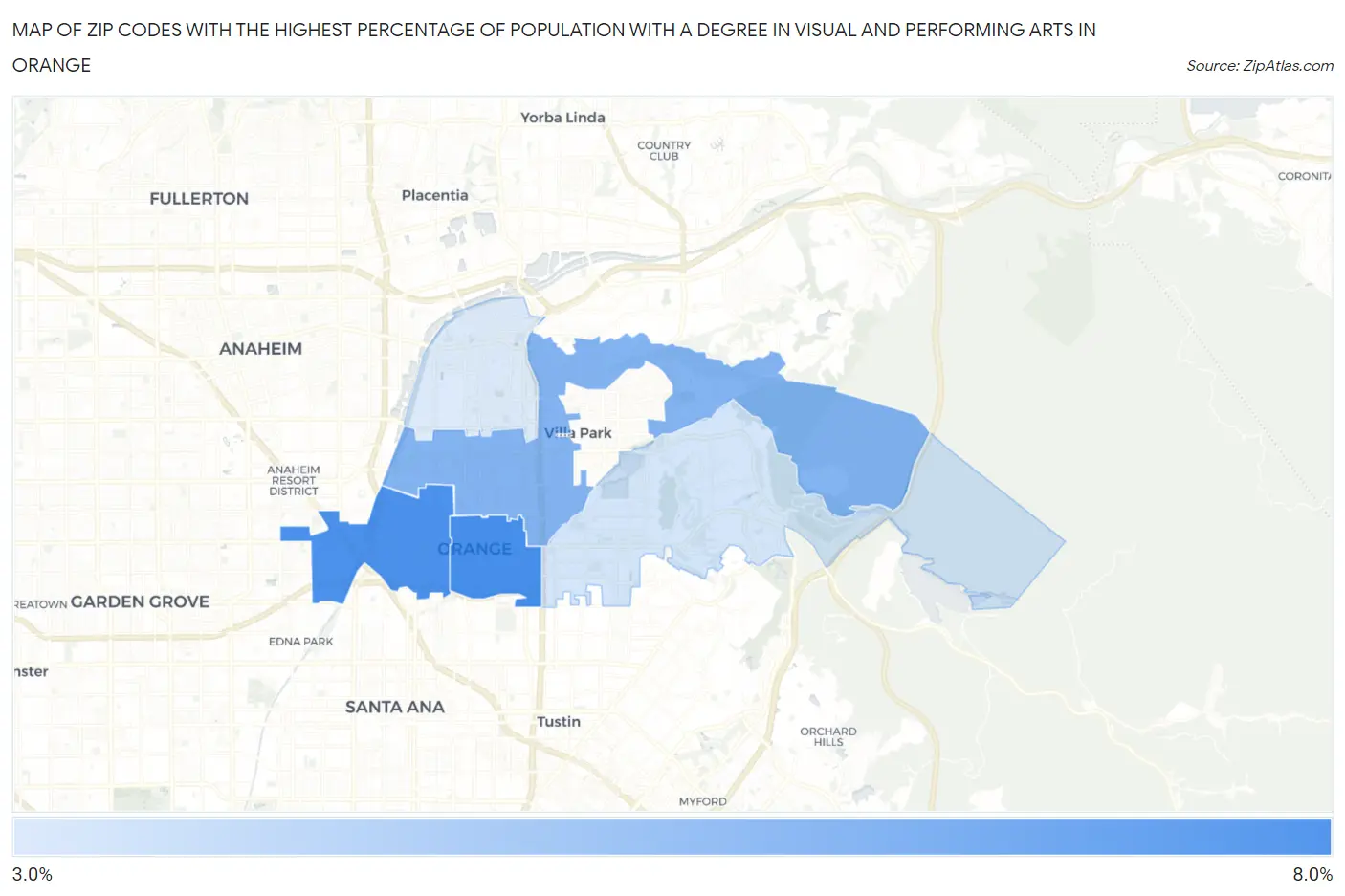 Zip Codes with the Highest Percentage of Population with a Degree in Visual and Performing Arts in Orange Map
