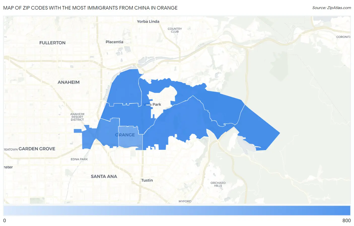 Zip Codes with the Most Immigrants from China in Orange Map