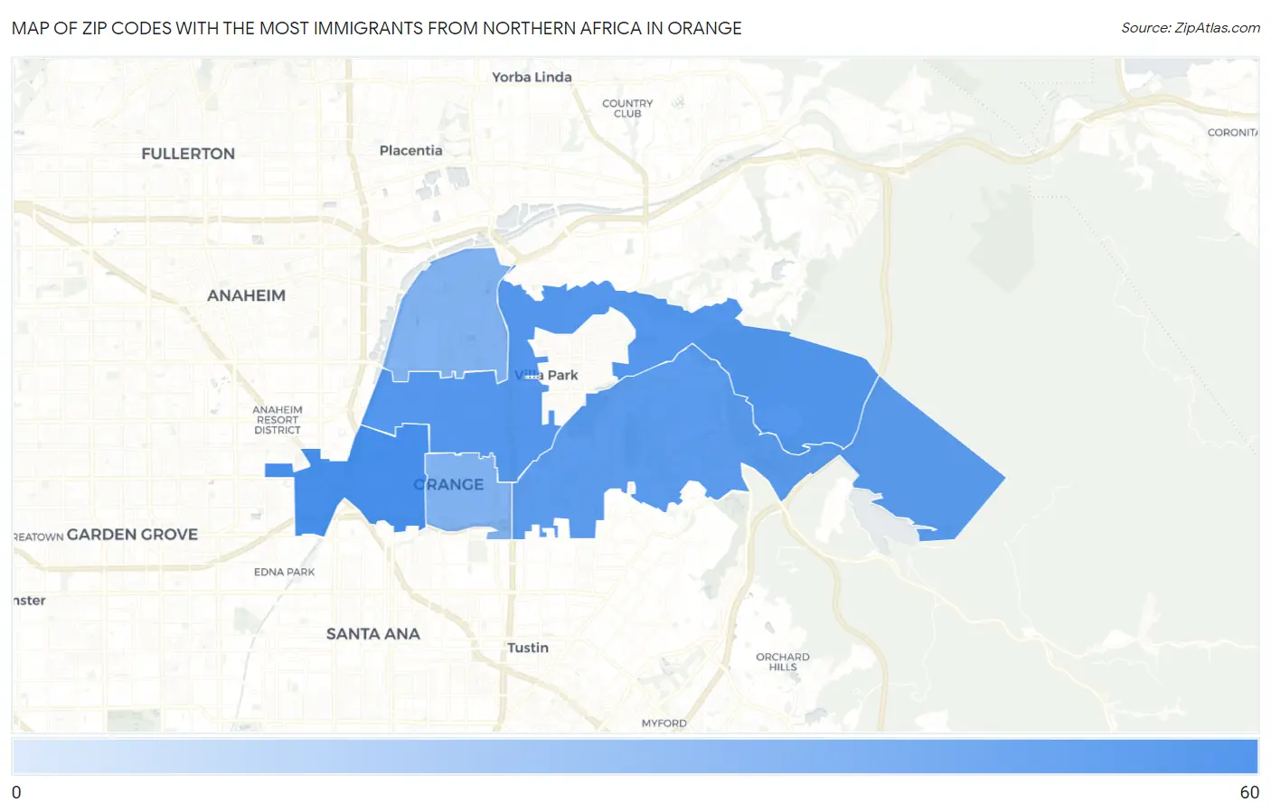 Zip Codes with the Most Immigrants from Northern Africa in Orange Map