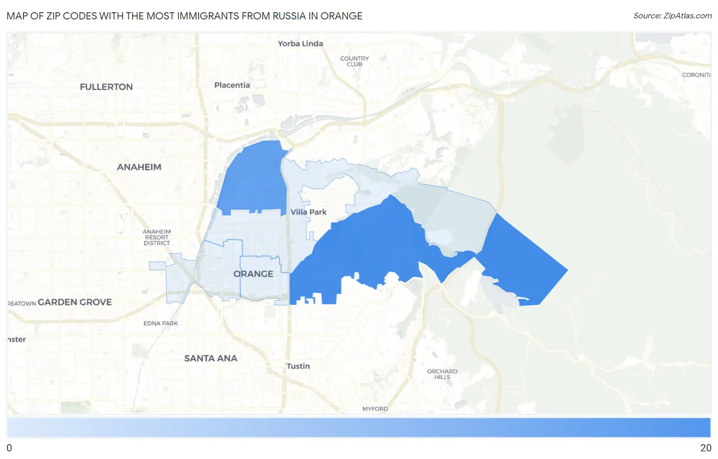 Zip Codes with the Most Immigrants from Russia in Orange Map