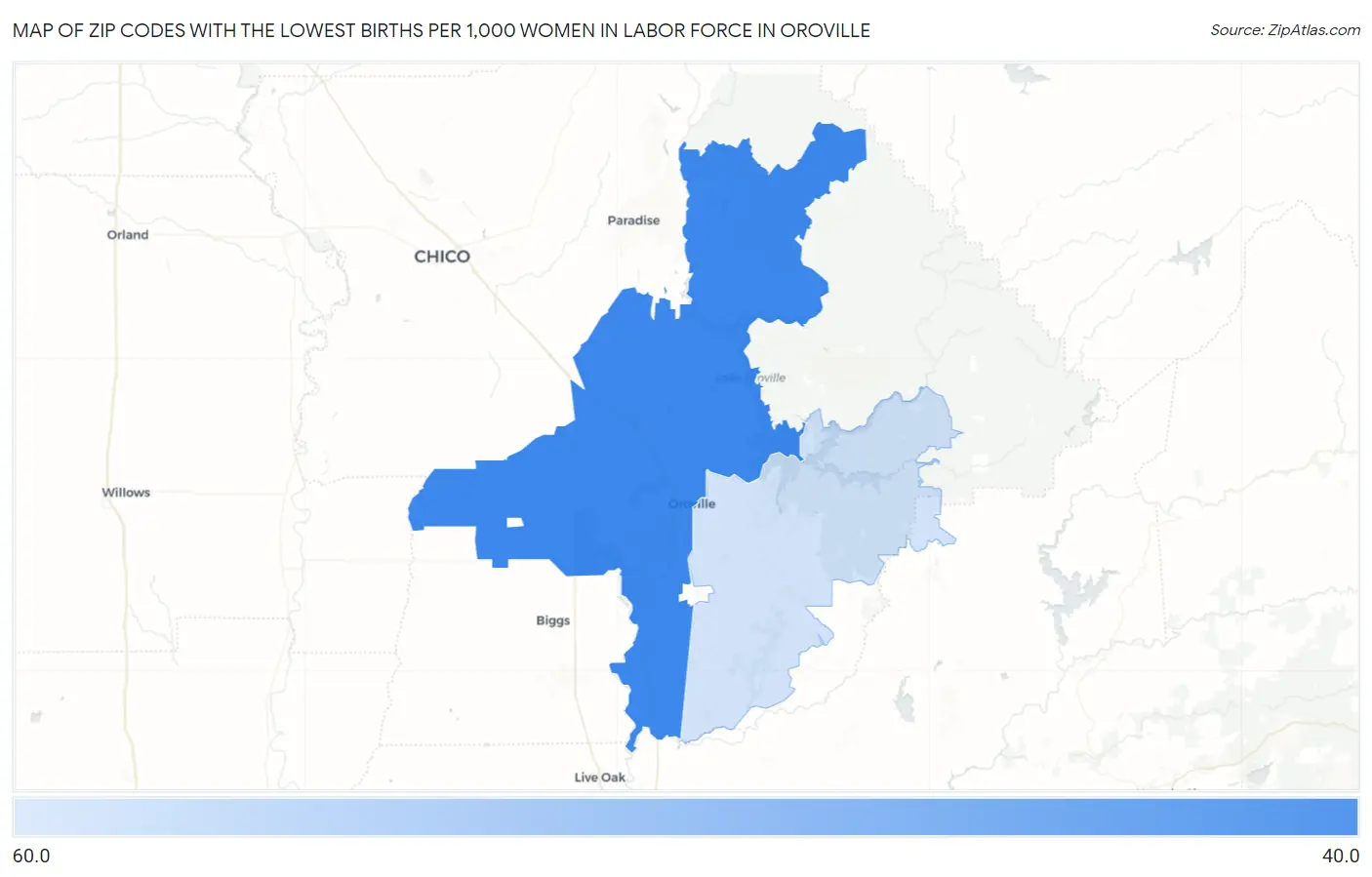 Zip Codes with the Lowest Births per 1,000 Women in Labor Force in Oroville Map