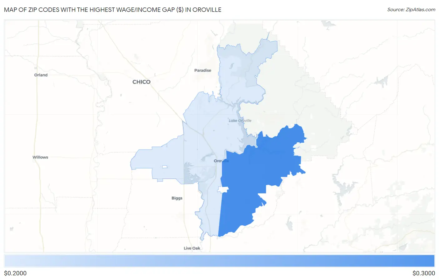 Zip Codes with the Highest Wage/Income Gap ($) in Oroville Map