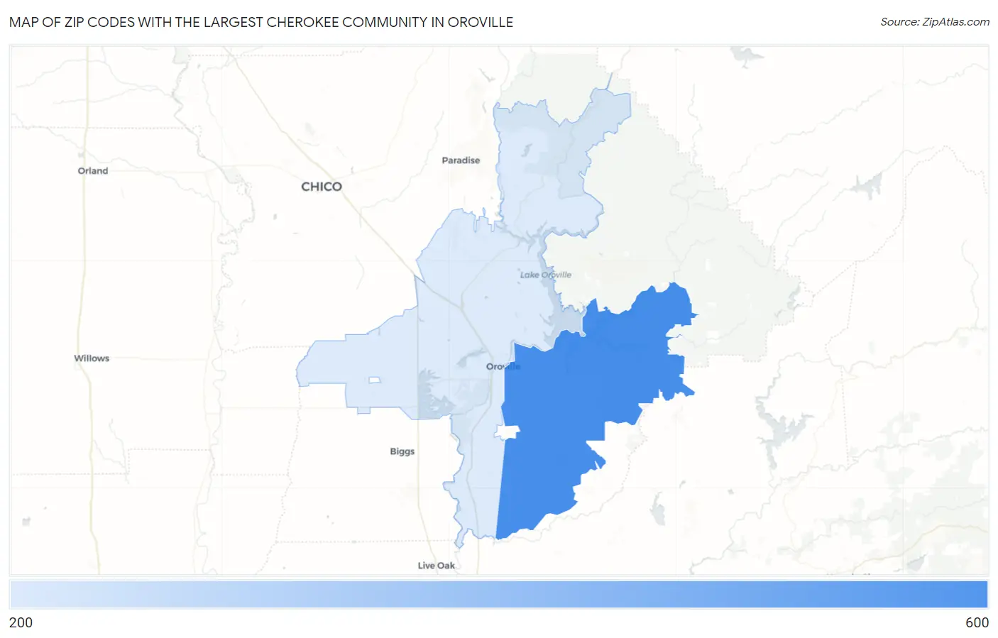 Zip Codes with the Largest Cherokee Community in Oroville Map