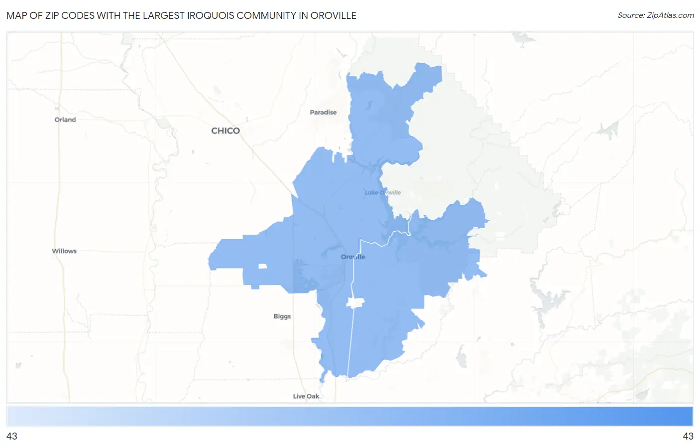 Zip Codes with the Largest Iroquois Community in Oroville Map
