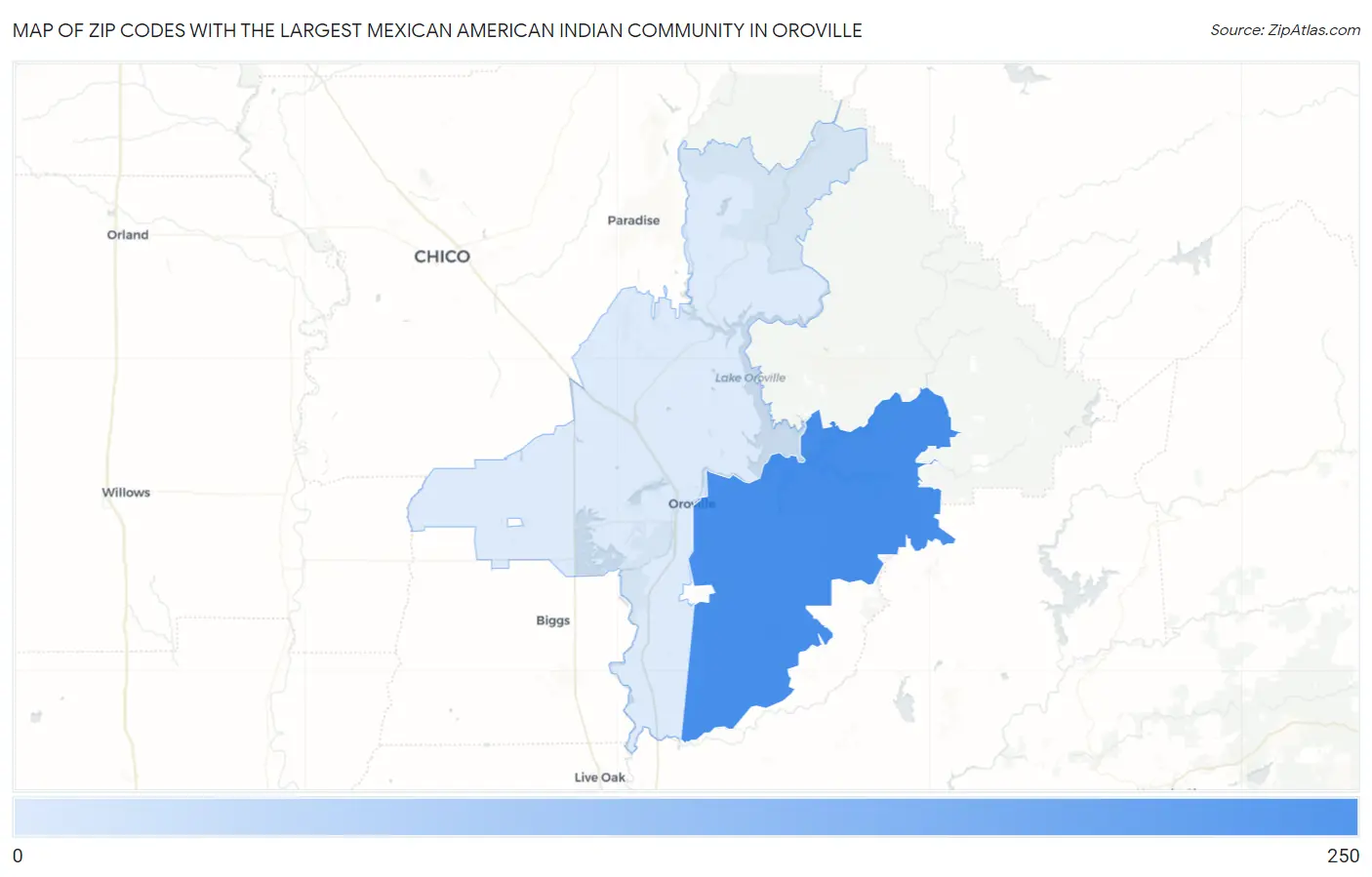 Zip Codes with the Largest Mexican American Indian Community in Oroville Map