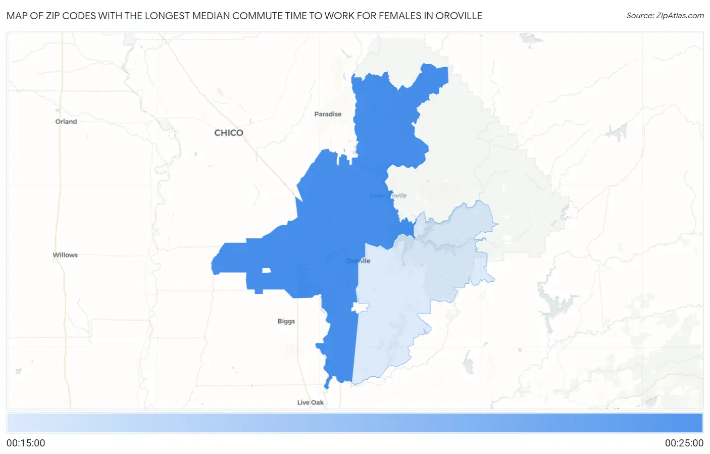 Zip Codes with the Longest Median Commute Time to Work for Females in Oroville Map
