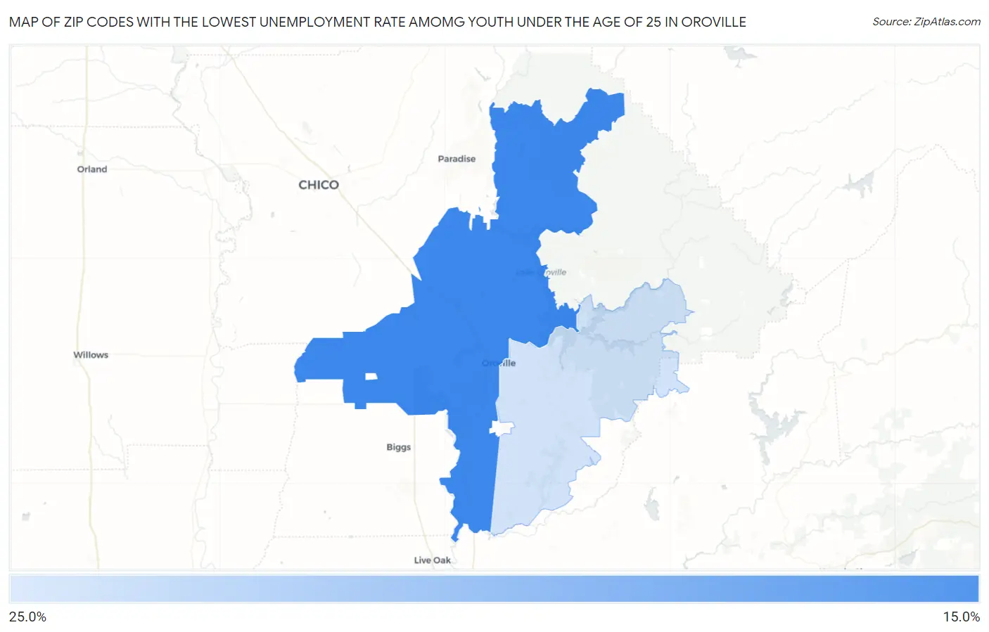 Zip Codes with the Lowest Unemployment Rate Amomg Youth Under the Age of 25 in Oroville Map