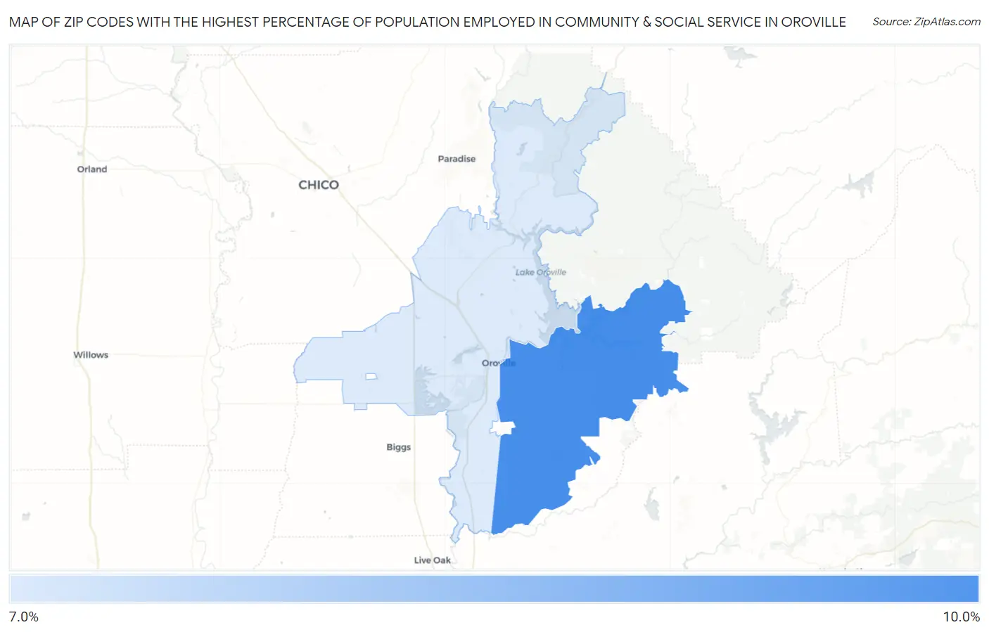 Zip Codes with the Highest Percentage of Population Employed in Community & Social Service  in Oroville Map