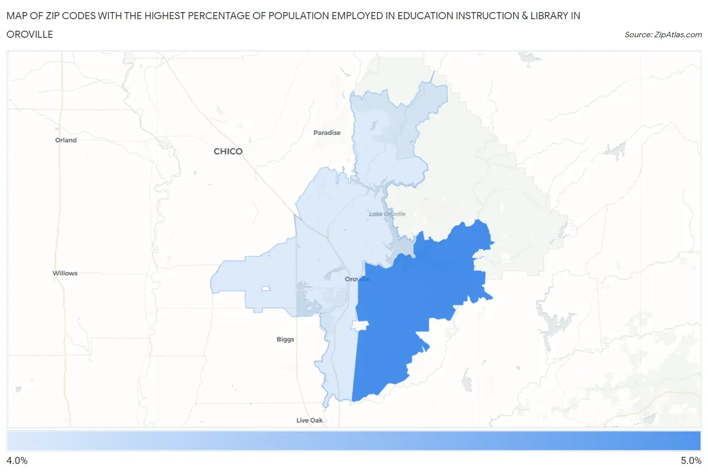 Zip Codes with the Highest Percentage of Population Employed in Education Instruction & Library in Oroville Map