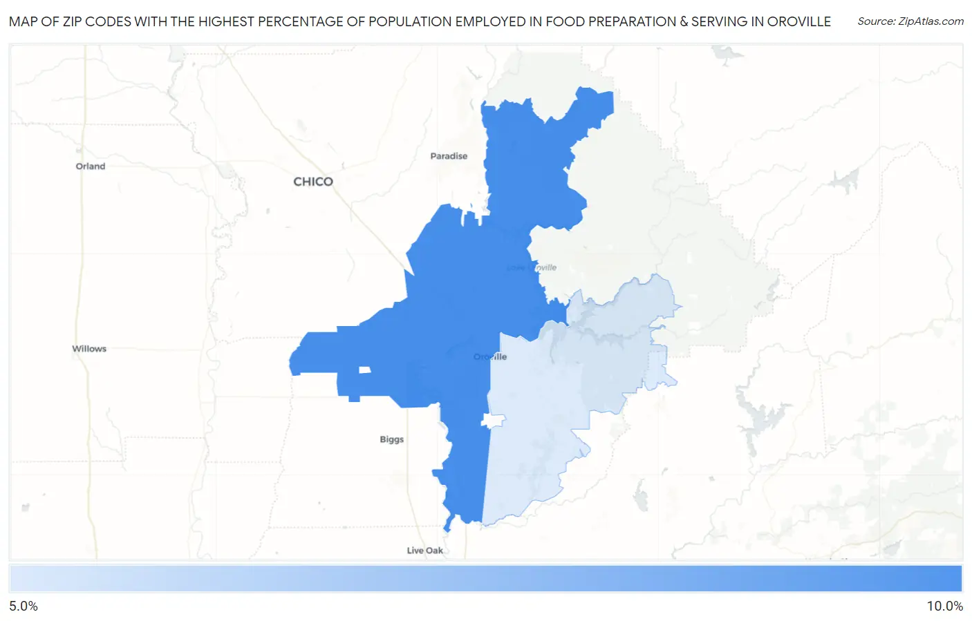 Zip Codes with the Highest Percentage of Population Employed in Food Preparation & Serving in Oroville Map