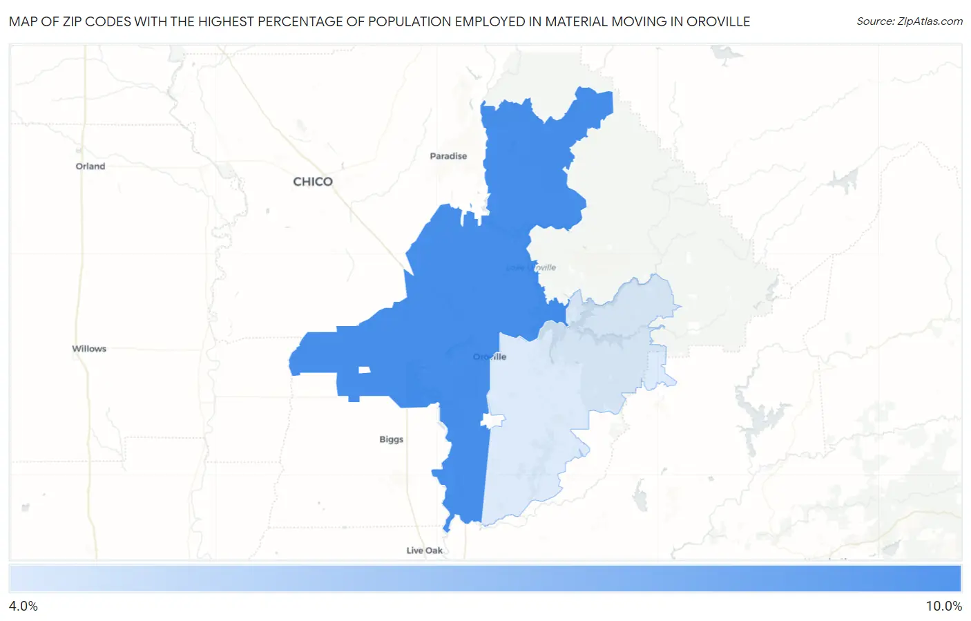 Zip Codes with the Highest Percentage of Population Employed in Material Moving in Oroville Map