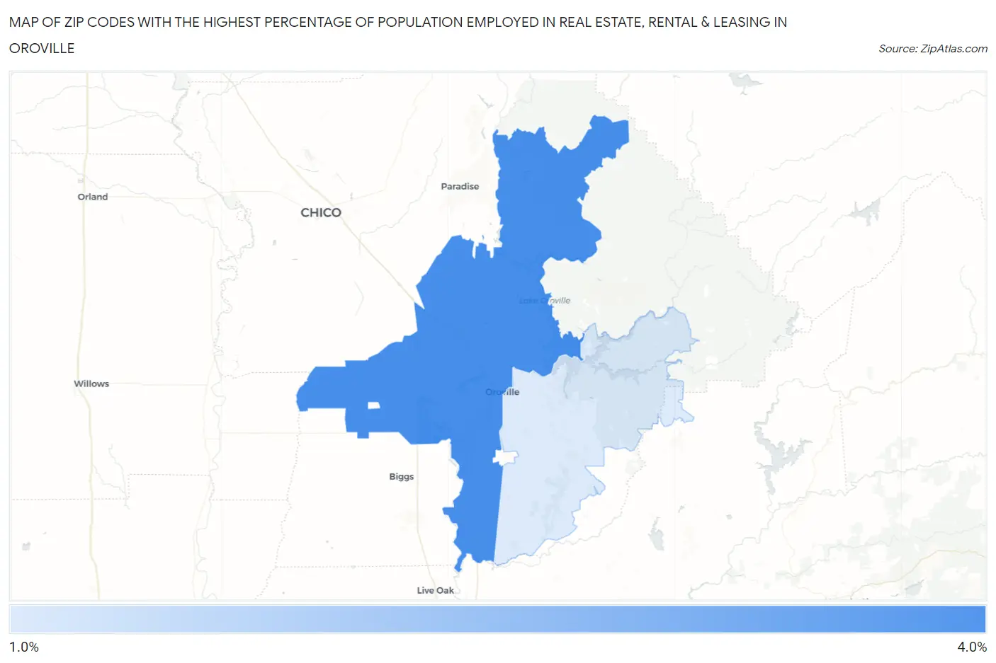 Zip Codes with the Highest Percentage of Population Employed in Real Estate, Rental & Leasing in Oroville Map