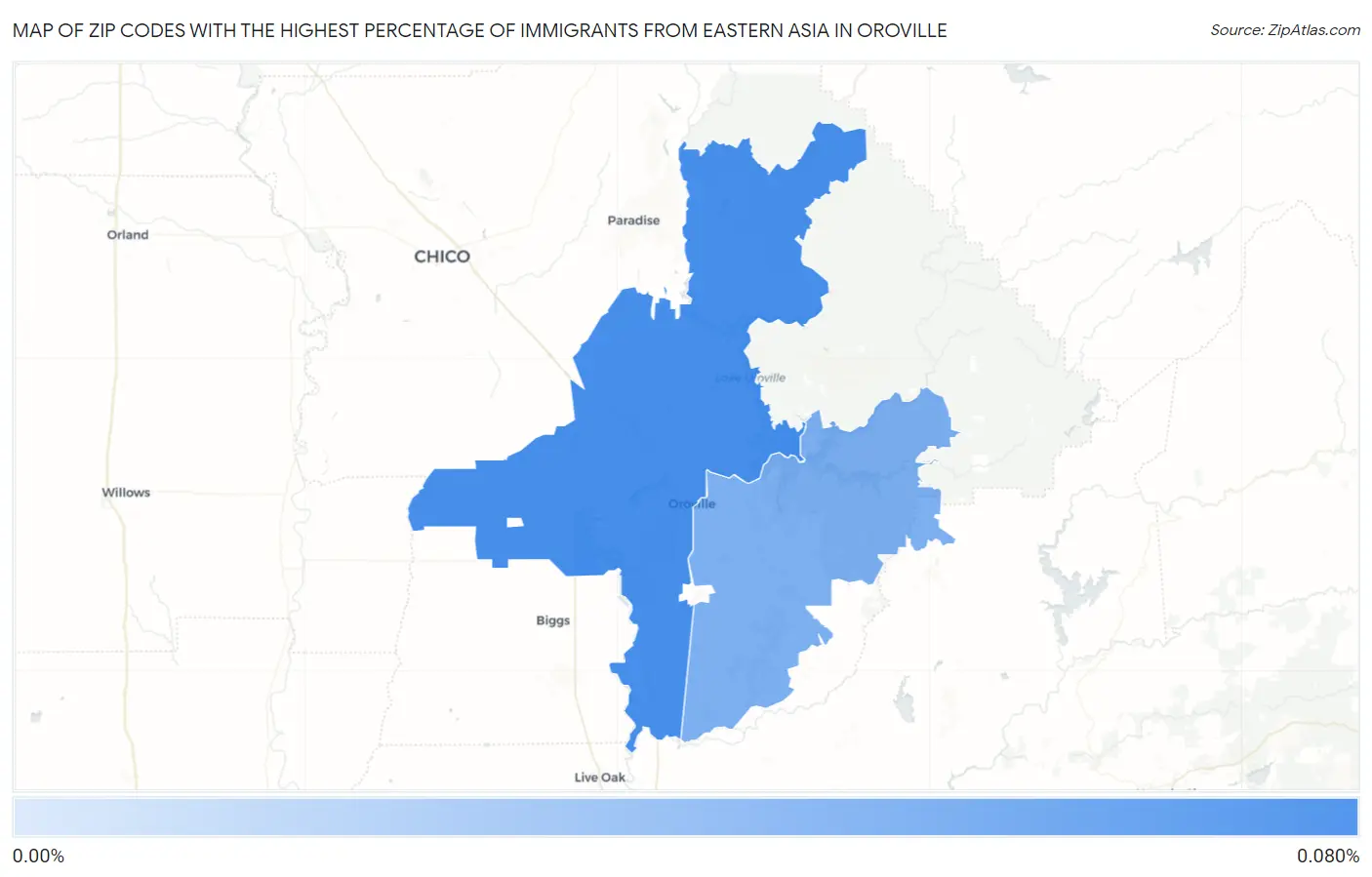 Zip Codes with the Highest Percentage of Immigrants from Eastern Asia in Oroville Map