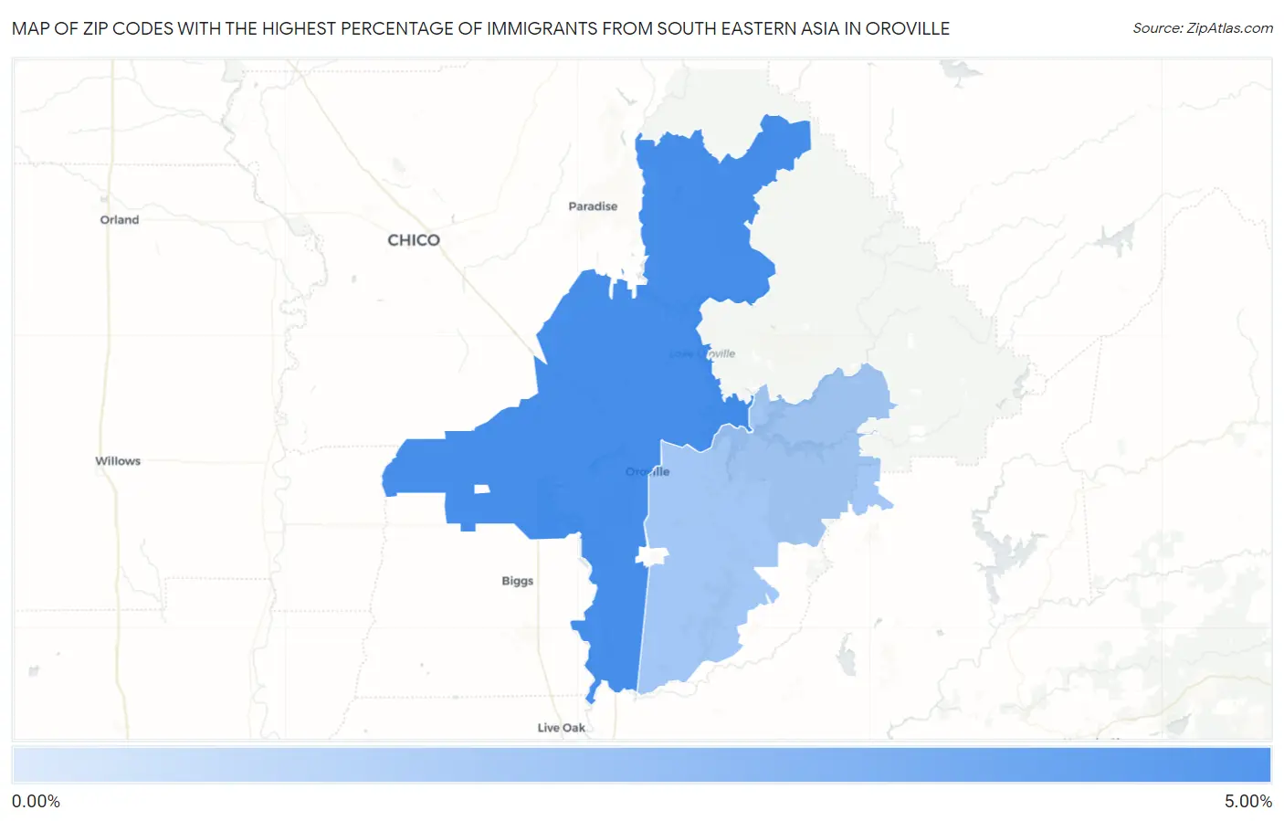 Zip Codes with the Highest Percentage of Immigrants from South Eastern Asia in Oroville Map