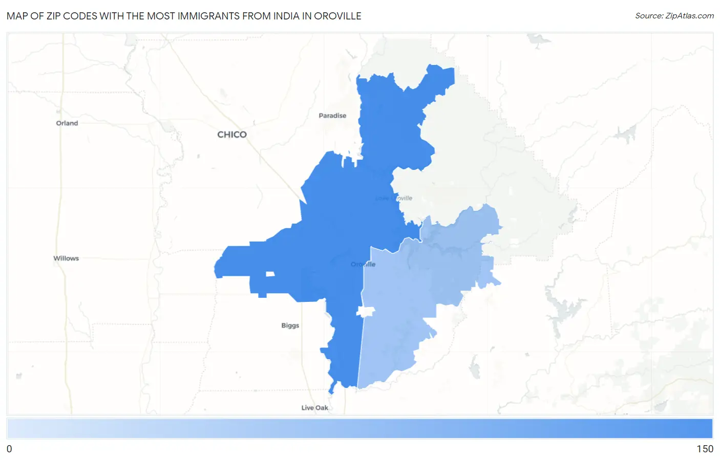 Zip Codes with the Most Immigrants from India in Oroville Map