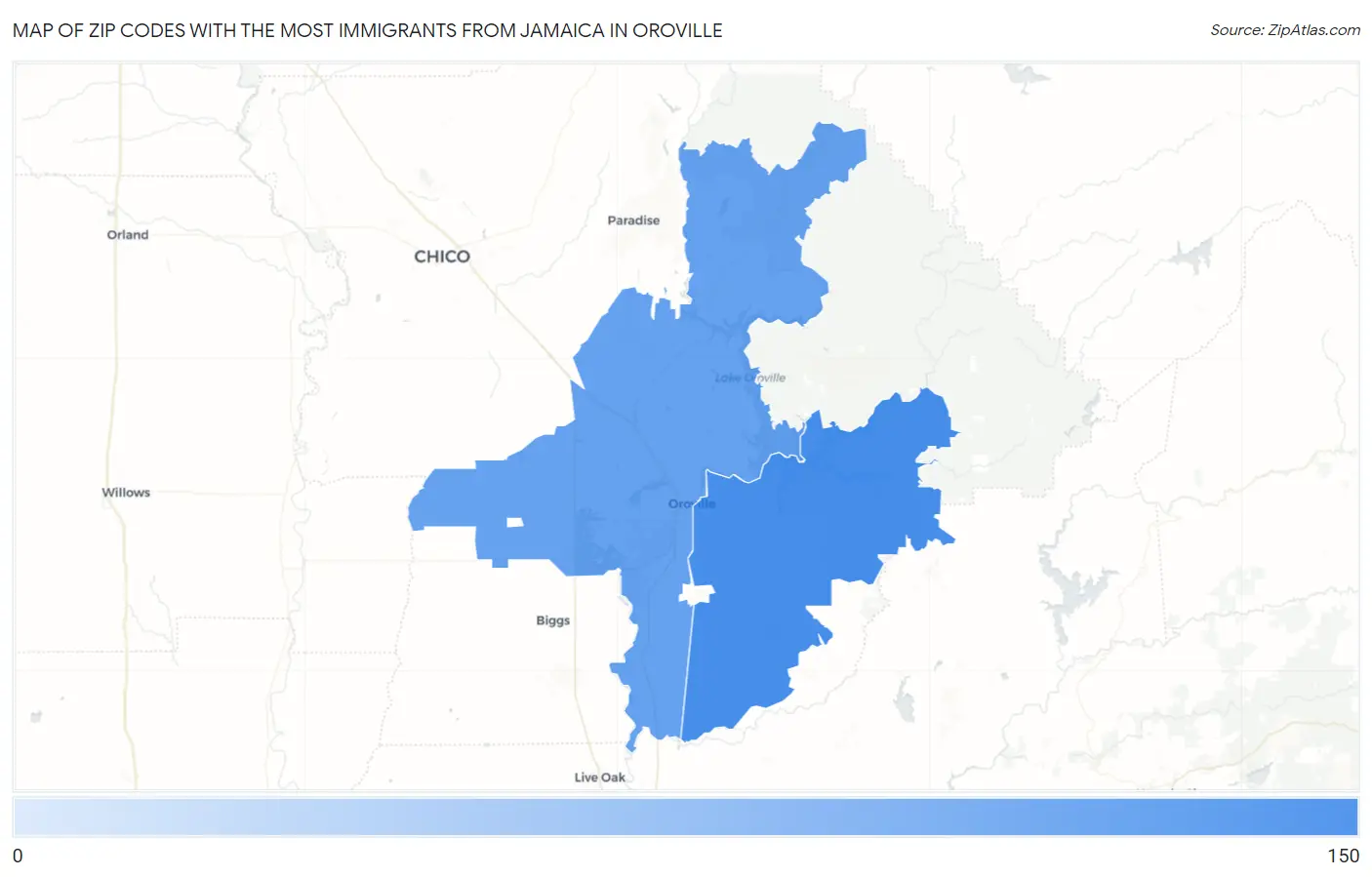 Zip Codes with the Most Immigrants from Jamaica in Oroville Map
