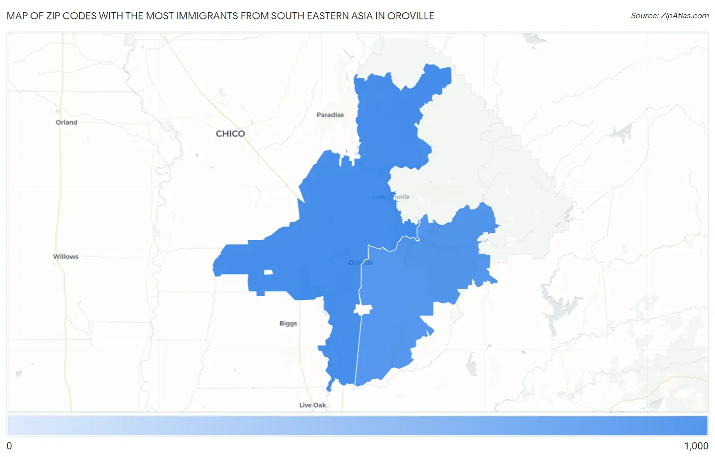 Zip Codes with the Most Immigrants from South Eastern Asia in Oroville Map