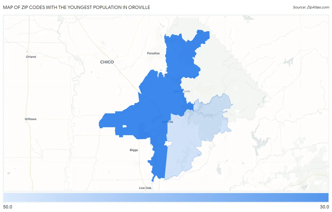 Zip Codes with the Youngest Population in Oroville Map