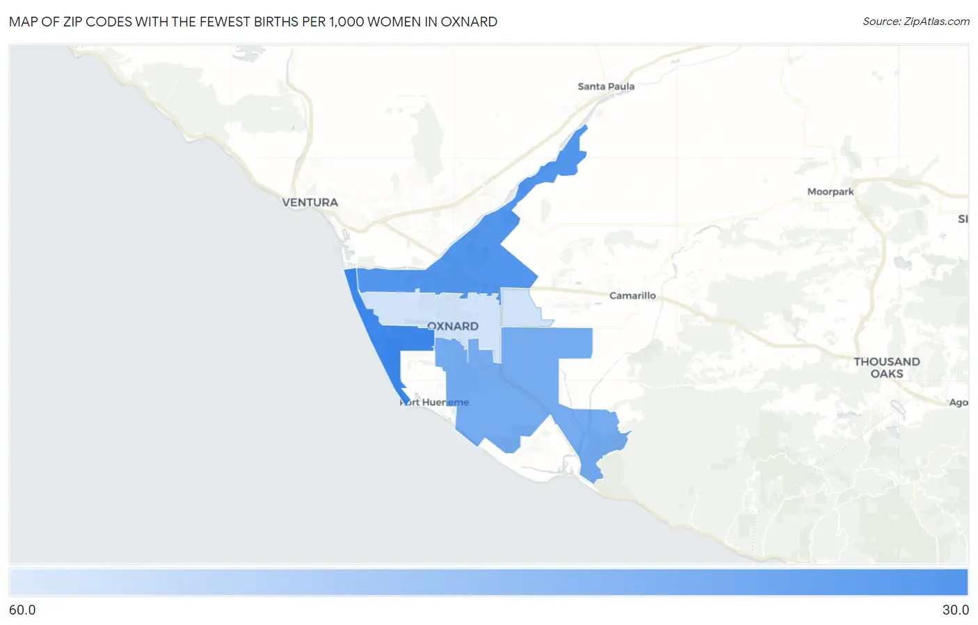 Zip Codes with the Fewest Births per 1,000 Women in Oxnard Map