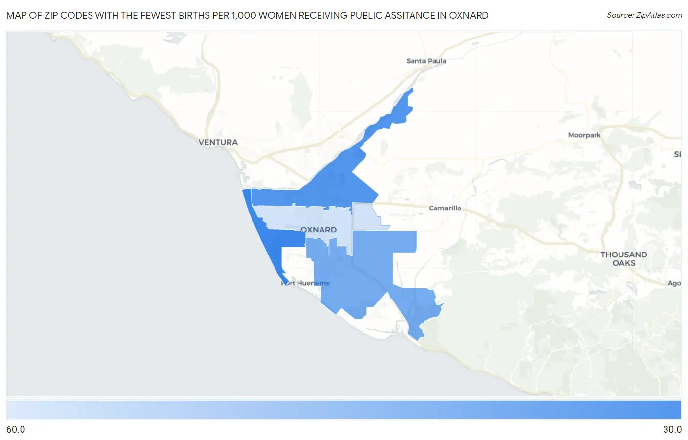 Zip Codes with the Fewest Births per 1,000 Women Receiving Public Assitance in Oxnard Map