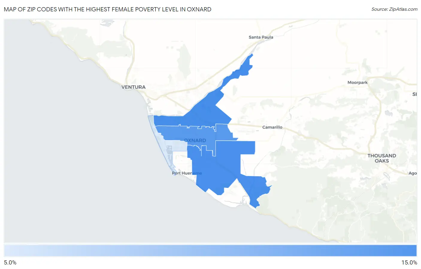 Zip Codes with the Highest Female Poverty Level in Oxnard Map