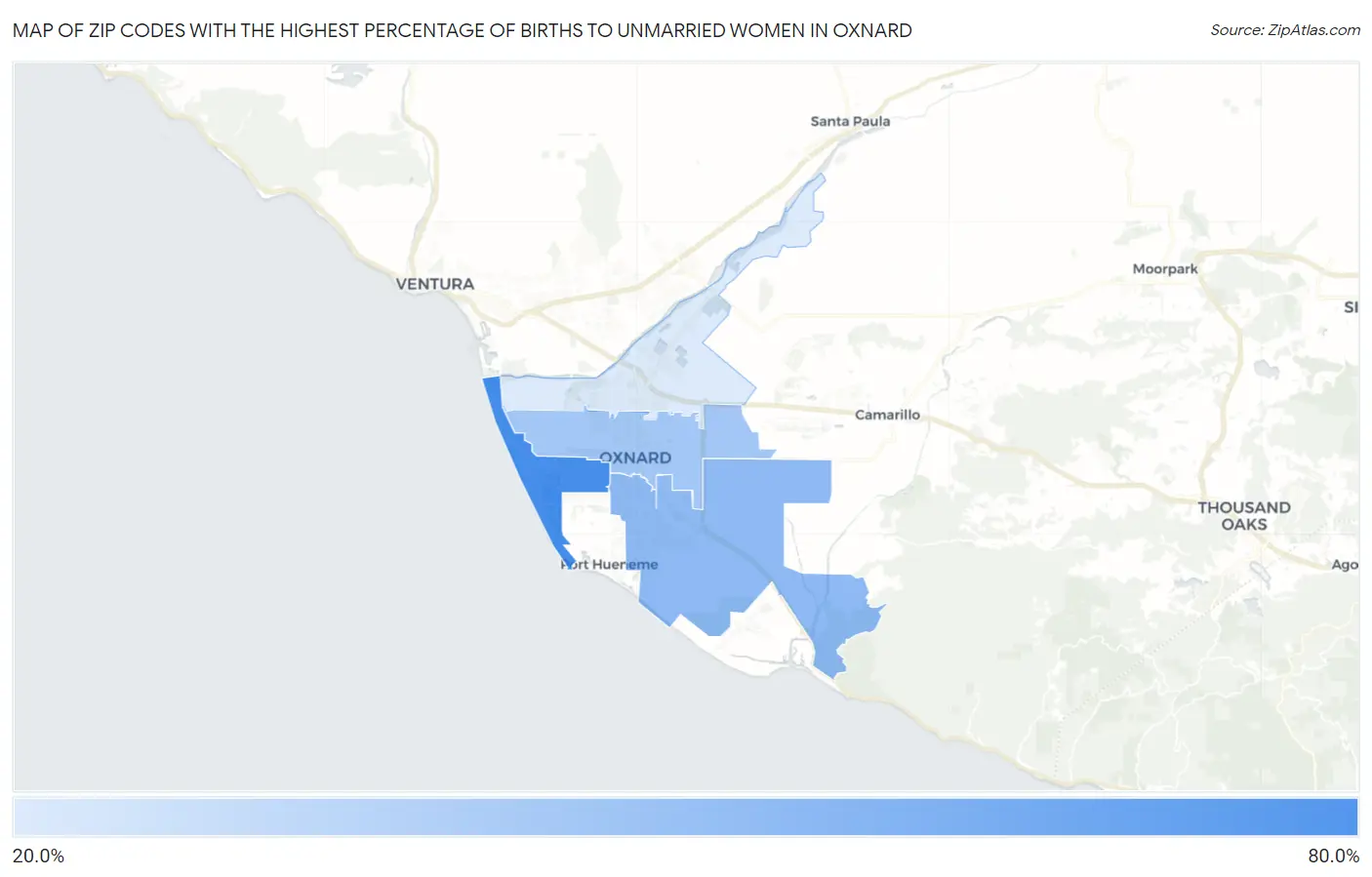 Zip Codes with the Highest Percentage of Births to Unmarried Women in Oxnard Map