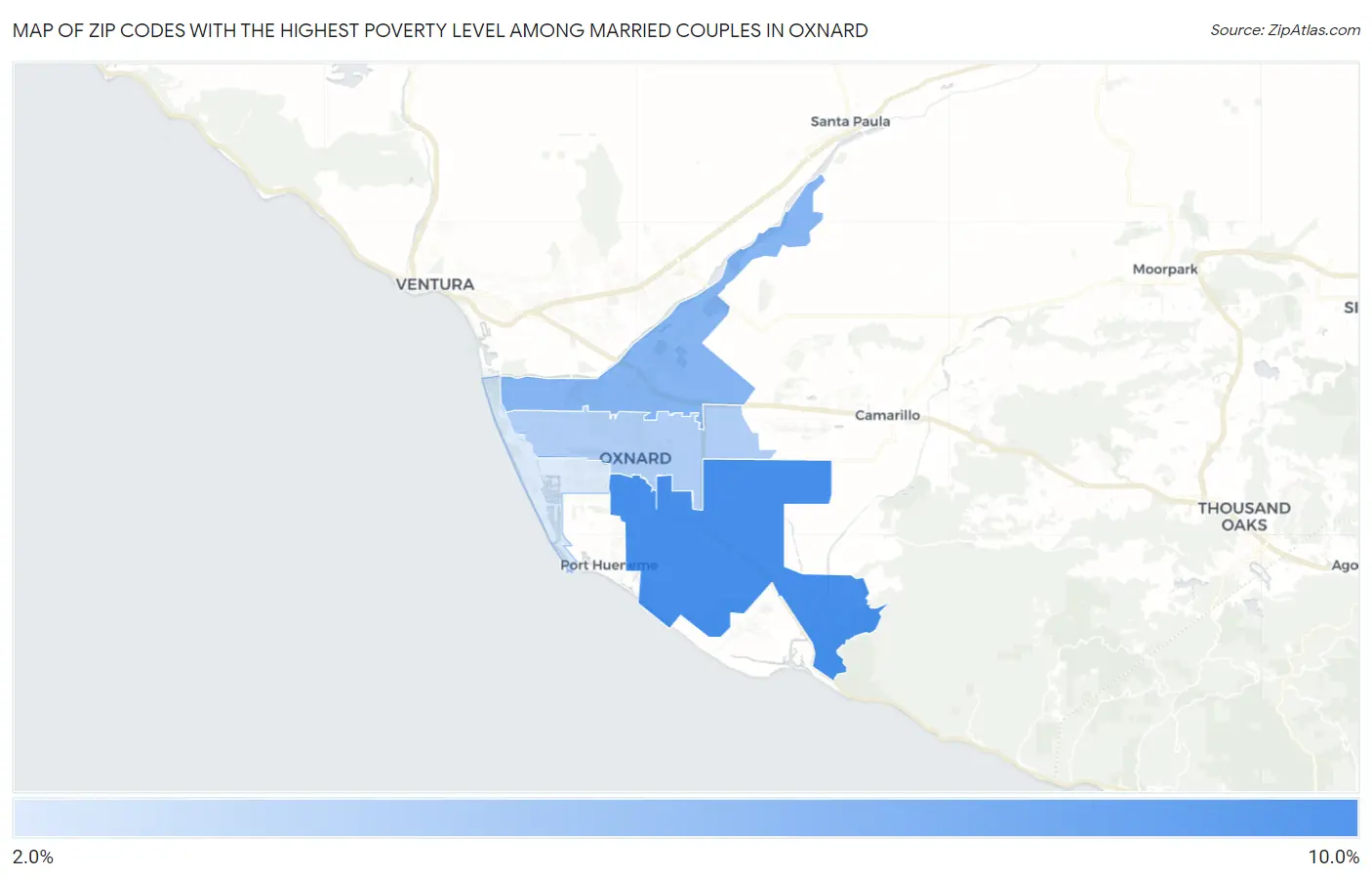 Zip Codes with the Highest Poverty Level Among Married Couples in Oxnard Map