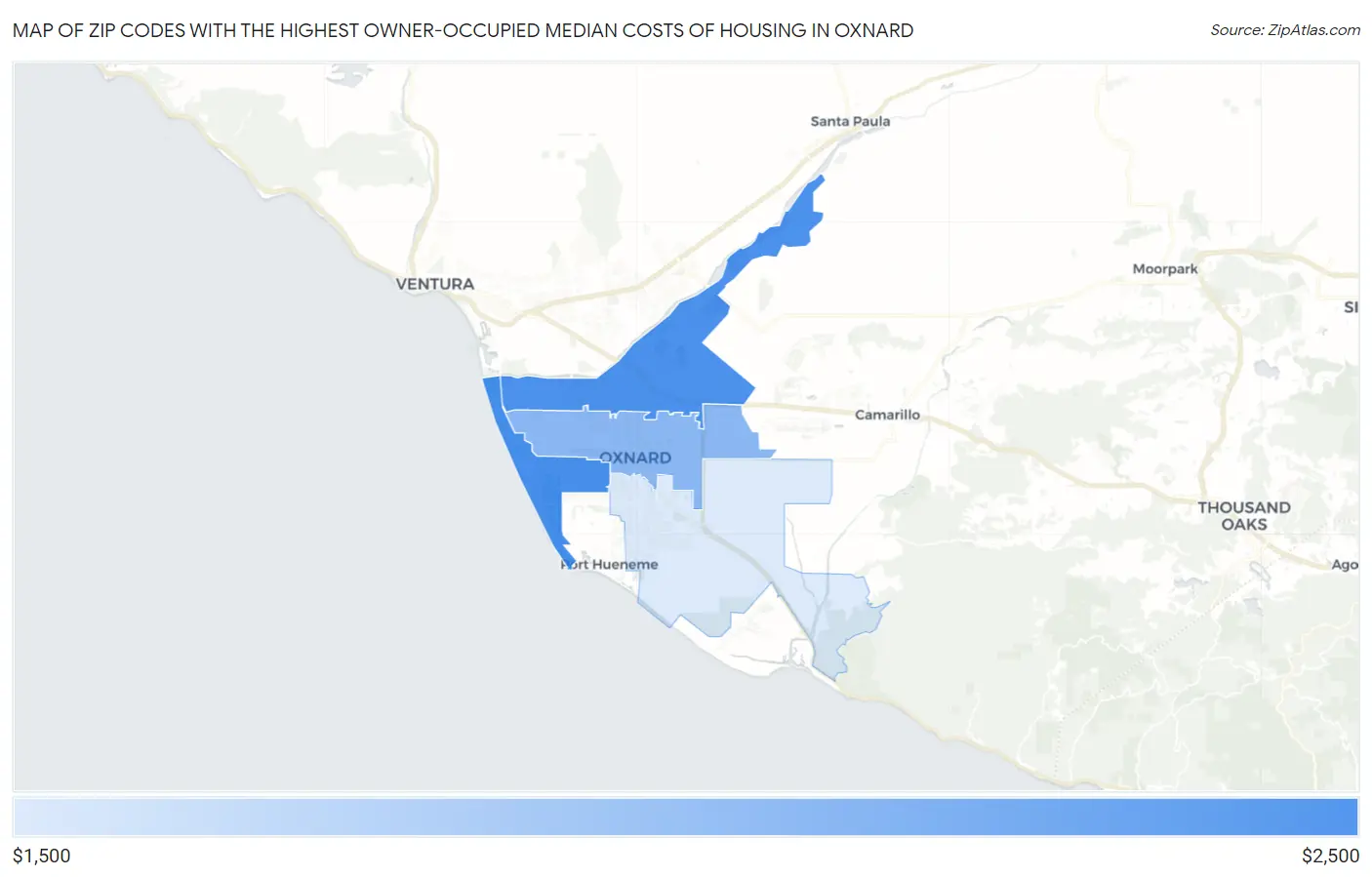 Zip Codes with the Highest Owner-Occupied Median Costs of Housing in Oxnard Map