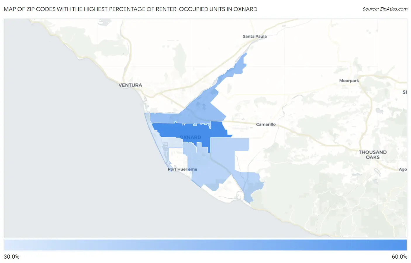 Zip Codes with the Highest Percentage of Renter-Occupied Units in Oxnard Map