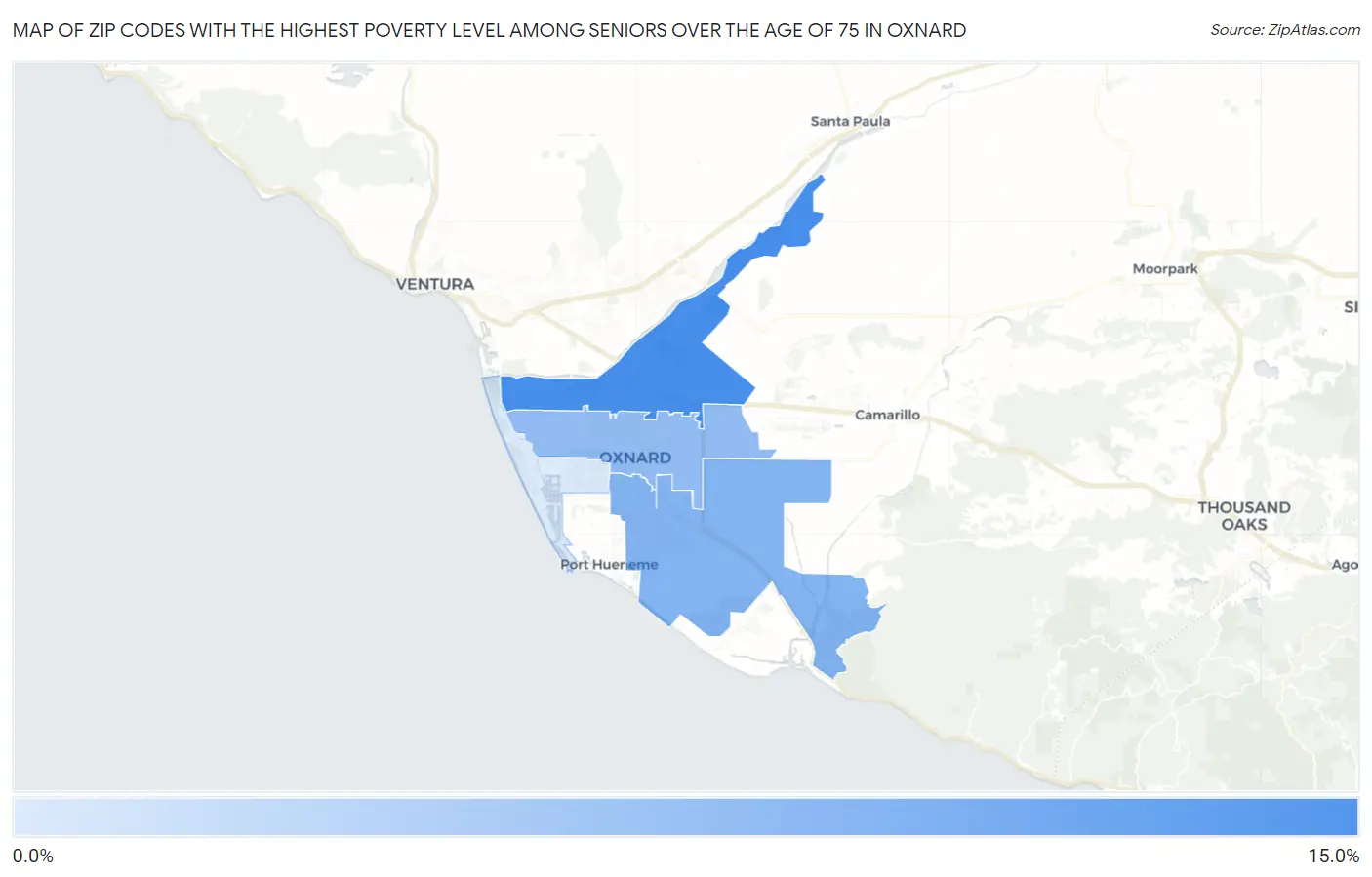 Zip Codes with the Highest Poverty Level Among Seniors Over the Age of 75 in Oxnard Map