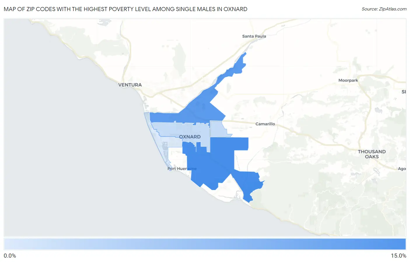 Zip Codes with the Highest Poverty Level Among Single Males in Oxnard Map