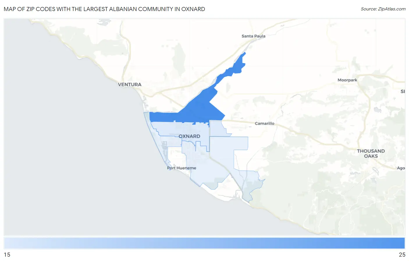 Zip Codes with the Largest Albanian Community in Oxnard Map