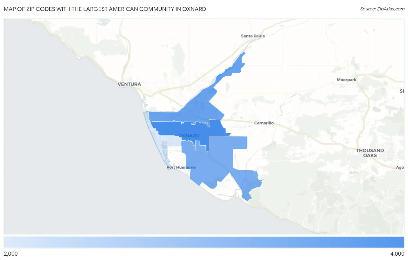 Zip Codes with the Largest American Community in Oxnard Map