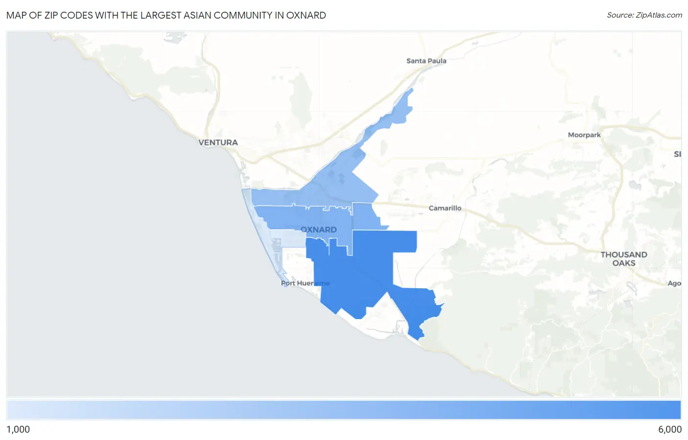 Zip Codes with the Largest Asian Community in Oxnard Map