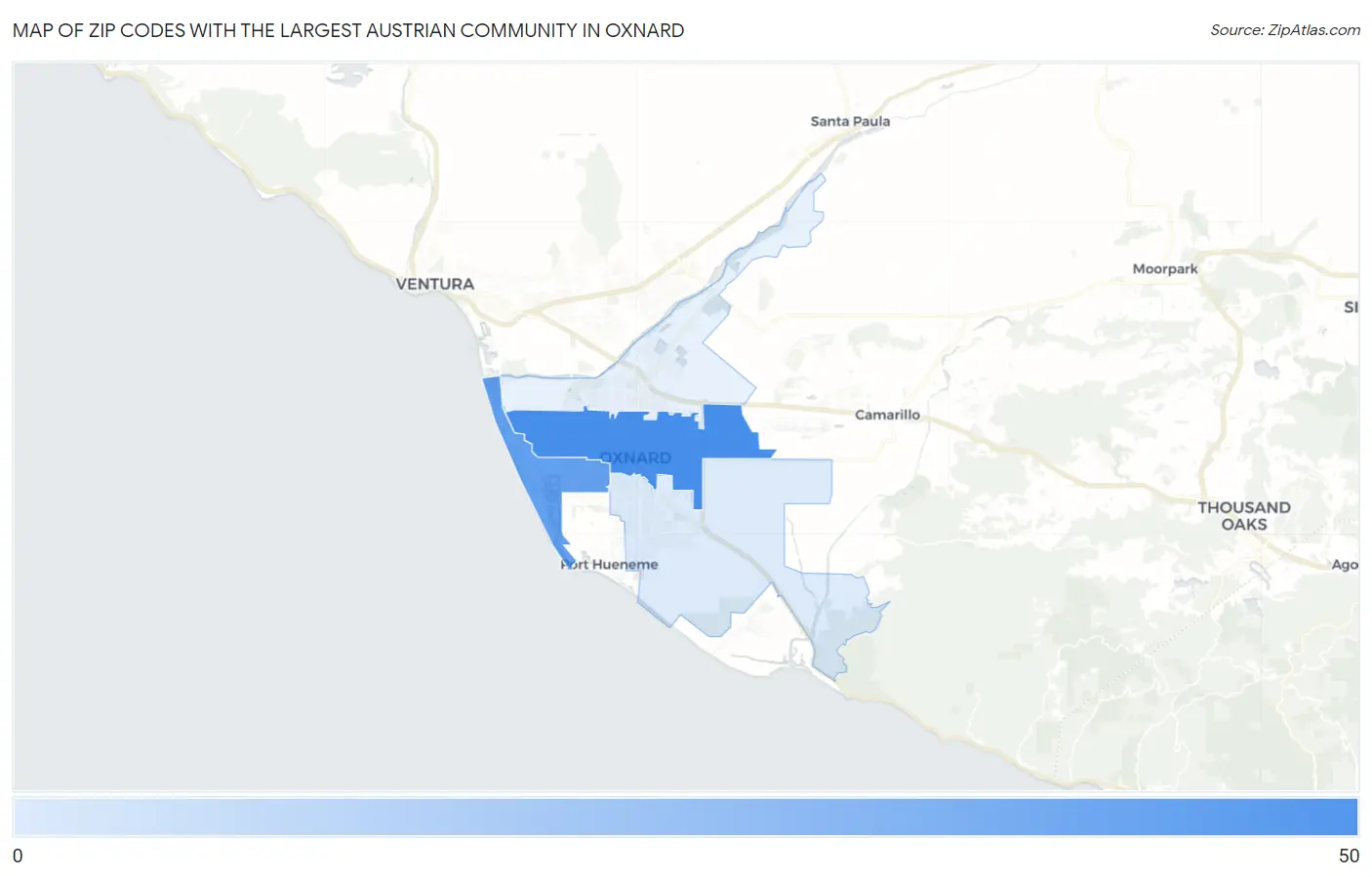 Zip Codes with the Largest Austrian Community in Oxnard Map