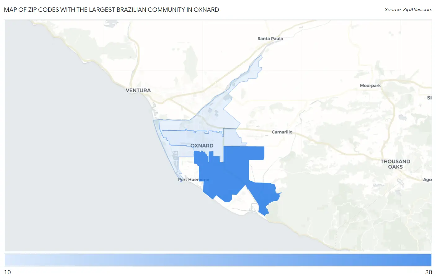 Zip Codes with the Largest Brazilian Community in Oxnard Map